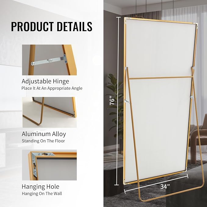 Beauty4U 76" x 34" Full Length Mirror with Stand, Gold Large Floor Mirror | Standing, Leaning, or Wall-Mounted Tempered Glass Full Body Mirror with Metal Frame for Bedroom, Closet, Modern Home Decor