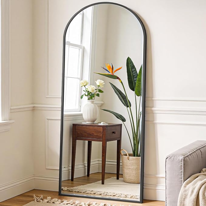 OLIXIS 64"x21.5" Arched Full Length Mirror with Stand, Body Mirror | Shatter-Proof Glass, Hanging or Leaning for Wall, Floor Standing, Bedroom Living Room, Long, Black