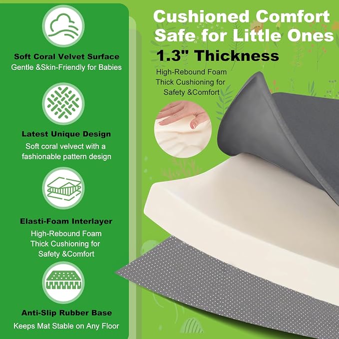1.3" Thick Baby Play Mat for Floor, Elasti-Foam 71x59 Playpen Mat, Water Repellent Ultra Soft Coral Velvet Tummy Time Crawling Mats for Kid Toddlers Infants, Non-Slip Backing Safe for Earth Tones