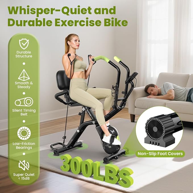 Foldable Exercise Bike, 8-Level Magnetic Stationary Bike for Home Gym | Quiet Indoor Workout Bike with Arm Resistance Bands, LCD Monitor, and 300 LBS Capacity for Full-Body Cardio Training