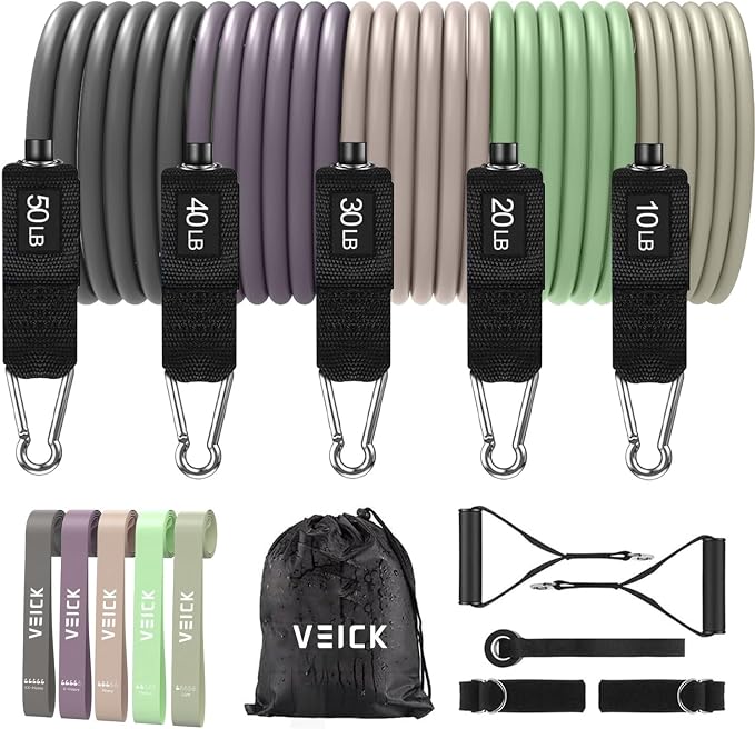 VEICK 10-150LBS Resistance Bands with Handles, Ankle Straps, Door Anchor | Accredited Lab Certified, 100% Natural Latex, Versatile for Yoga, Pilates, Strength, Home Gym