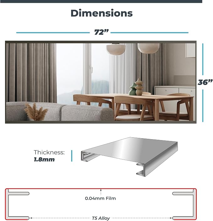 Nano Film Full Length Gym Mirror Shatterproof Oversized Full Body Glassless Mirror for Home Gym Dance Studio and Workout Room 36" x 72" Chrome