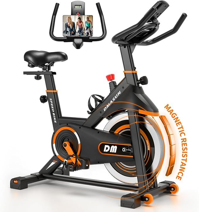 DMASUN Exercise Bike, Silent Magnetic Resistance Stationary Bike for Home with 330 LBS Capacity, Pedals with Anti-loosening Nuts, Indoor Bike with Comfortable Seat Cushion, Digital Display with Tablet Holder