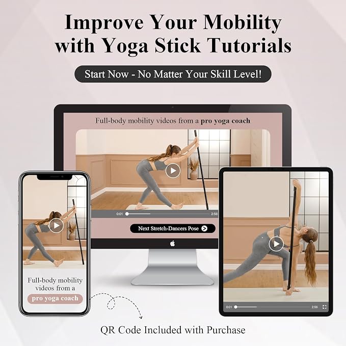 PAETA Yoga Stick for Stretching, 5ft Exercise Stick for Mobility & Flexibility, Bamboo Stretch Bar and Posture Pole with Non-Slip Grip - Includes Free Video Guide