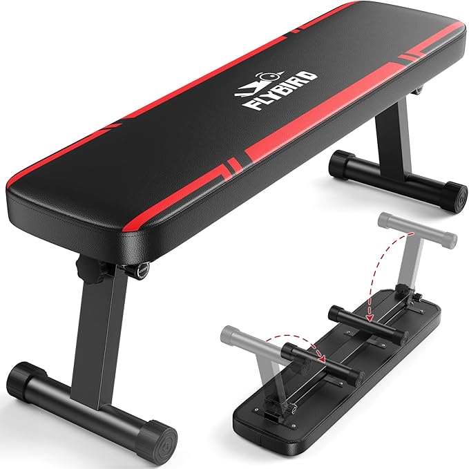 FLYBIRD Foldable Flat Weight Bench for Home Gym, 600/1000 lbs Capacity with Dual Locking for Strength Training, Easy Setup & Storage for Small Apartments, Lifting, Hip Thrust, Dumbbell Workout (B-Red-01)