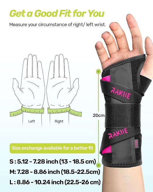 Rakiie Upgraded Carpal Tunnel Wrist Brace, Night Sleeping Support for Arthritis, Sprain & Tendonitis Pain Relief, Flexible 3-Bar Support, Breathable Hand Splint for Typing, Work & Housework, Fit for Men & Women(Pink, Small, Left Hand)