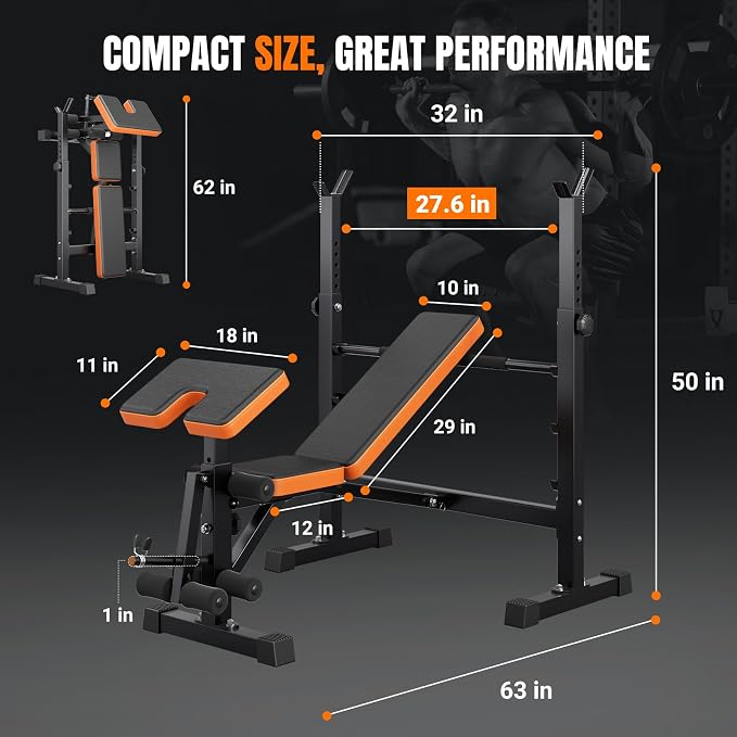 YOLEO 6 in 1 Weight Bench Set for Home Gym, Adjustable & Foldable Weight Bench, Workout Bench with Squat Rack for Bench Press Sit up Incline Flat Decline