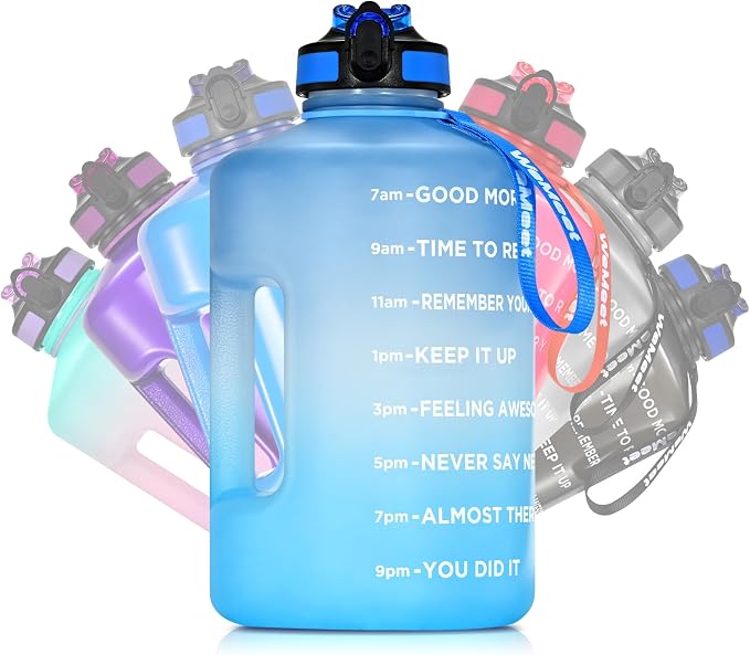 WEMEET 128oz Large Water Bottle with Straw and Time Marker, BPA FREE, 1 Gallon Reusable Motivational Water Bottle, for Gym, Travel, Camping, Hiking (Blue Blue)