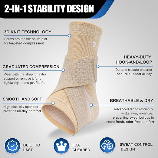 ABIRAM Ankle Brace for Men & Women - Adjustable Support & Compression Sleeve with Wrap for Sprained Ankle, Plantar Fasciitis, Achilles Tendonitis - Breathable Guard for Running, Sports, Recovery