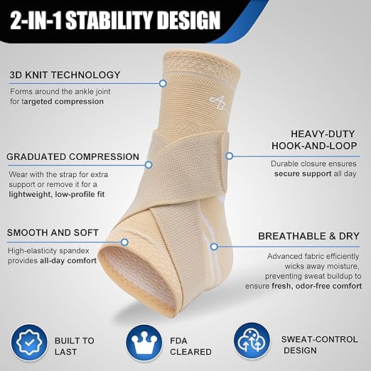 ABIRAM Ankle Brace for Men & Women - Adjustable Compression Sleeve with Wrap for Sprained Ankle, Plantar Fasciitis, Achilles Tendonitis - Breathable Support for Running, Volleyball, Basketball - L
