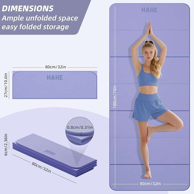 HAHE Foldable Yoga Mat 74"Lx32"Wx1/3"Thick, Folding Exercise Mats | Non-slip Wide Pilates Mats for Home Workout/Travel, Portable Yoga Mat Thick for Yoga/Pilates/Camping/Floor Exercises