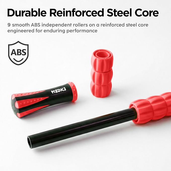 Muscle Roller & Massage Roller Stick for Athletes - Lymphatic Drainage Support, Relieves Muscle Soreness, Cramping & Tightness - Targets Legs, Arms, Back & Calves （Red Wheel）