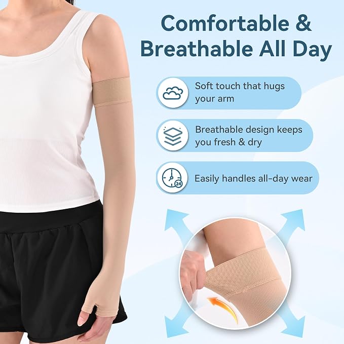 1 Pair Medical Full Compression Arm Sleeves with Palm Cover for Women Men | 20-30mmHg Graduated Compression,Arm And Elbow Supports,Silicone Anti-Slip Dots, Lymphedema,Arthritis,Bursitis, Post-Surgery