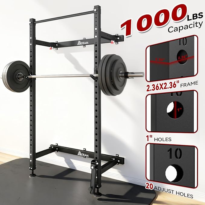 Mdeam Folding Squat Rack,2.36"x2.36" Wall Mounted Power Rack for Home Gym | Foldable Space-Saving,Heavy-Duty 1000LBS Capacity,with Pull-Up Bar, J-hooks,Landmine,Multi-Functional for Full-Body Training