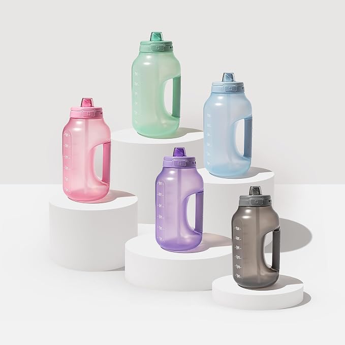 Ello Hydra 64oz BPA-Free Plastic Water Jug with Time Markers, Grey | Large plastic water bottle jug for all day hydration with time markers, carry loop, straw, leakproof lid, and BPA-free
