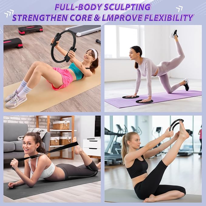 Halloscume 24 Pcs Pilates Kit, Home Pilate Equipment for Women, Pilates Ring and Ball Set with Stretching Strap, Water Bottle, Magic Circle, Yoga Ring, Gym Bag, Resistance Band, Anti Slip Sock