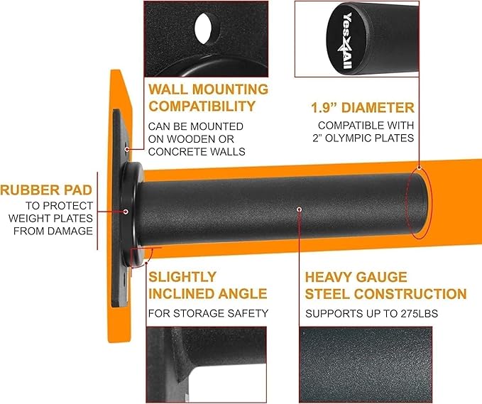 Yes4All Vertical Wall Mounted Olympic Barbell Holder, Barbell Storage Rack, Hanging Barbell Rack for Home Fitness Equipment