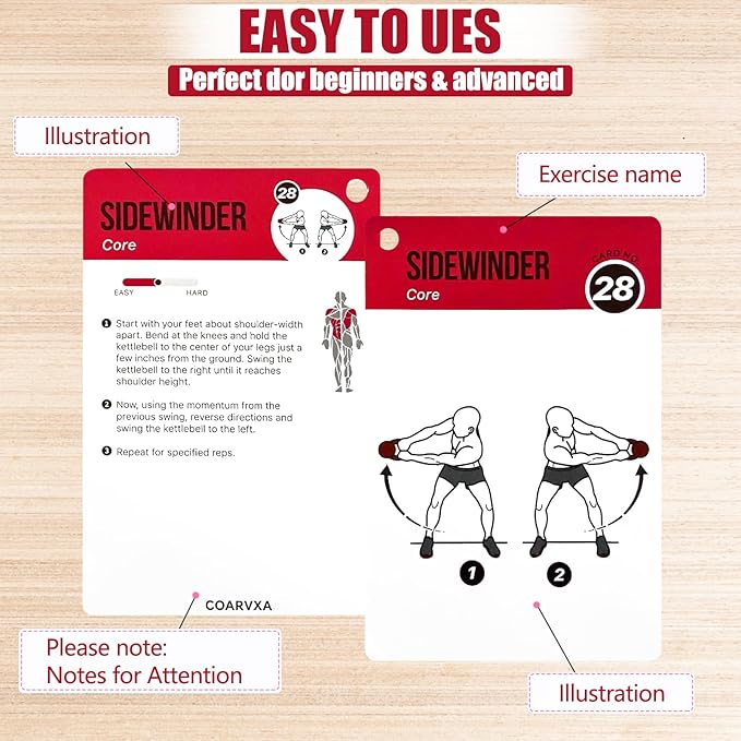 Kettlebell Cards for Women & Men-50 Kettlebell Workout Cards，Includes 2 Rings& Dry-Erase for Easy Organization-Home, Gym or Studio (Kettlebell)