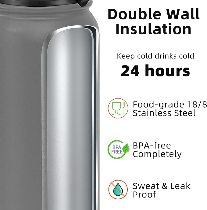 Fanhaw 40 oz Insulated Stainless Steel Water Bottle with Chug Lid, Leakproof & Sweat-Free Extra-Large Metal Bottle for Outdoor, Hiking & Gym (Gray)