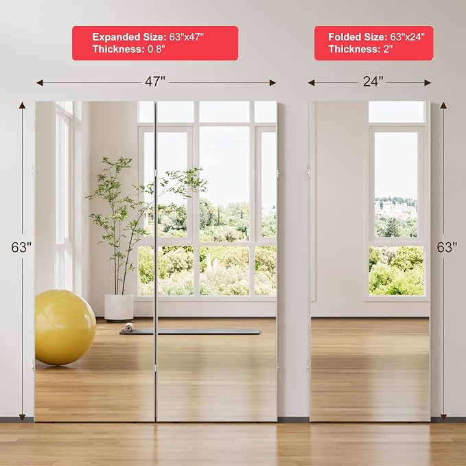 NanoMirror Space-Saving 360° Folding Full Length Mirror, 63" x 47" Ultra-Large Wall Mounted Shatterproof Foldable Design for Home Gym, Yoga, Dance, Fitness Studio, Black