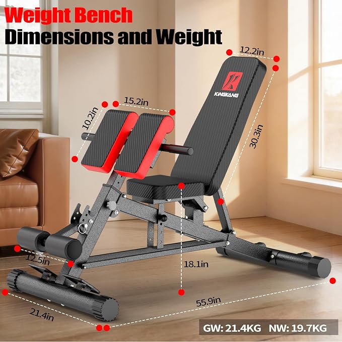 K KINGKANG Weight Bench,Load 1000LBS Roman Chair for Home Gym | Multi-Function Adjustment(10+7+4+4),for Bench Press/Sit-up/Back,Carbon Steel Frame with 2 Rear Wheels