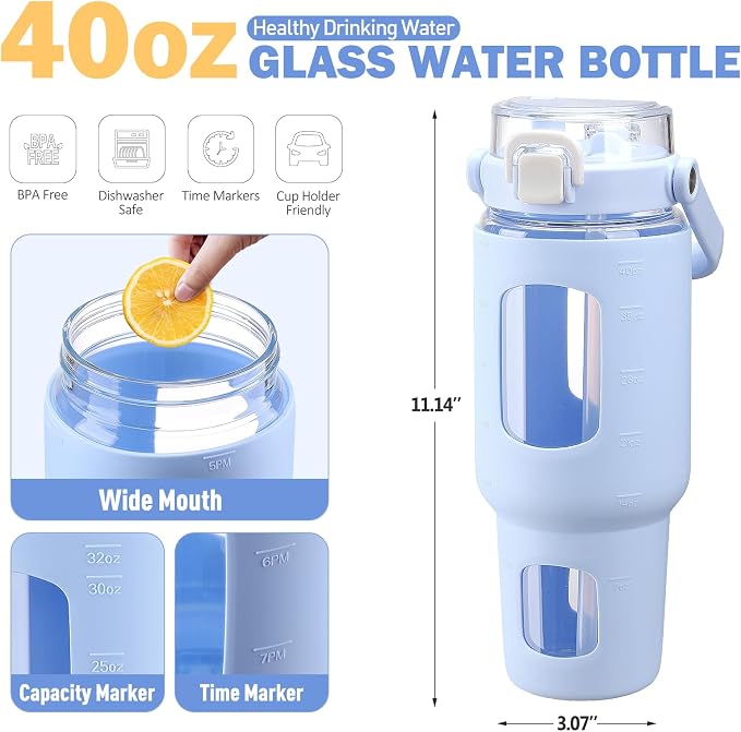 BLUEGO 40oz Glass Water Bottles with Straw Time Marker Half Gallon Large Motivational Water Bottle with Silicone Sleeve 2 Liter Large Glass Water Jug for Gym, Sports& Workout, Daily, Light Blue