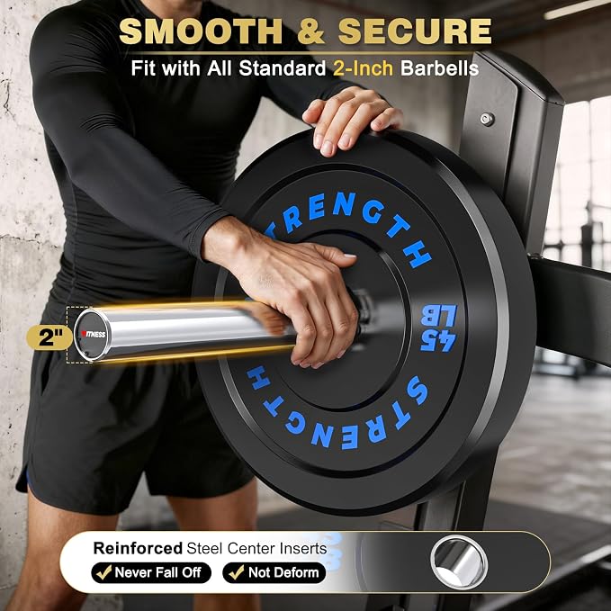 Rendpas 2-Inch Olympic Bumper Plates, 100% Virgin Rubber Low Bounce Barbell Weight for Home Gym Strength Training, 10lb-45lb Black with Color-Coded