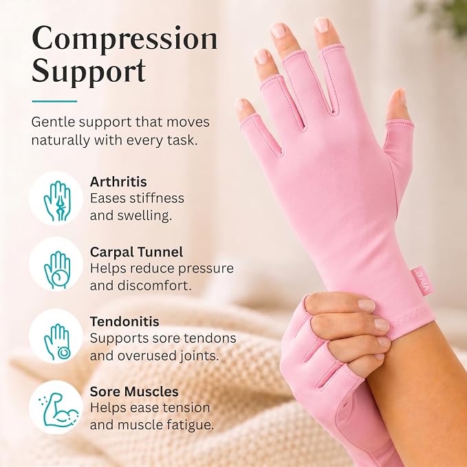 Vive Arthritis Gloves - Men, Women Rheumatoid Compression Hand Glove | Osteoarthritis- Arthritic Joint Pain Relief - Carpal Tunnel Wrist Support - Open Finger, Fingerless Thumb for Computer Typing