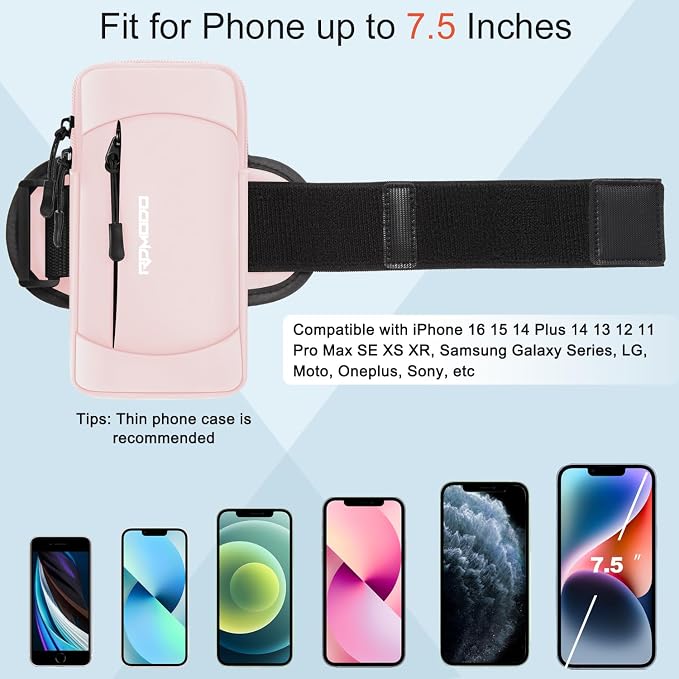 Running Armband Phone Holder, Water Resistant Arm Band 7.5" Pink | Lightweight, Adjustable Cell Phone Holder for Running, Large Capacity Arm Bands for iPhone 17 16 Pro Max Samsung Galaxy