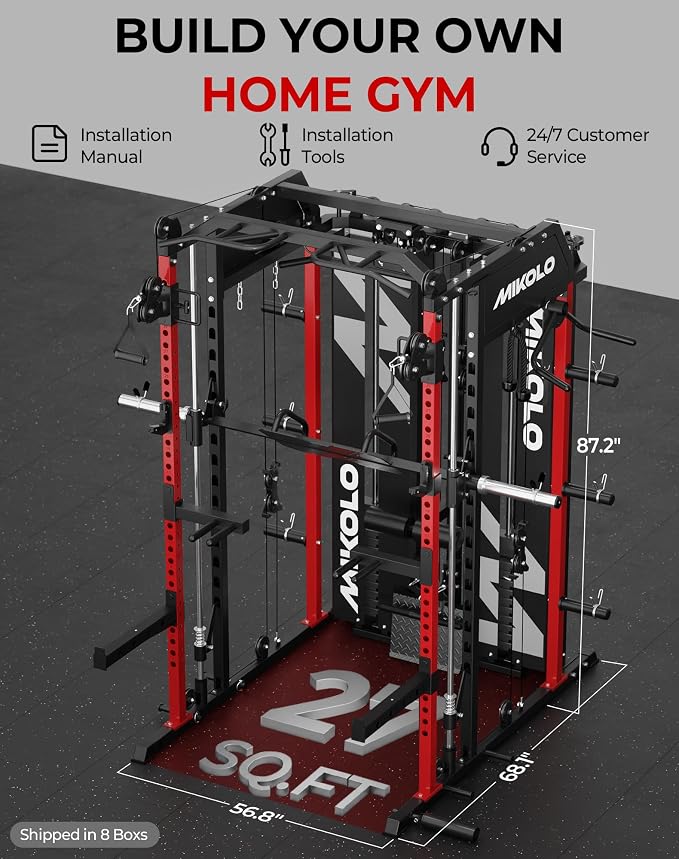 Mikolo Smith Machine with Weight Stack, Power Cage Home Gym System with LAT Pulldown & Cable Crossover, Multi-Functional Trainer with Dual Pulley System, Includes 10+ Free Attachments