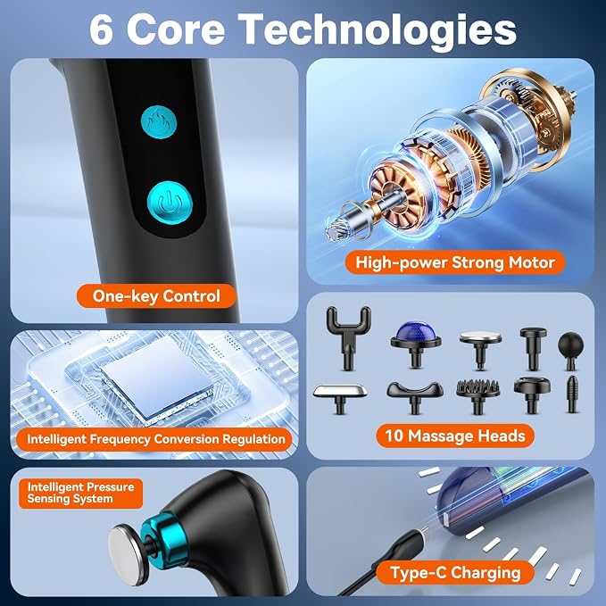 Foldable Heat Cold Massage Gun, 9 Speeds 10 Heads Cordless Handheld Percussion Massagers, Portable Electric Muscle Pain Relief Massager Gifts for Men Women Dad