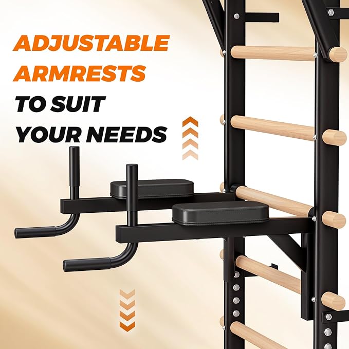LIFERUN Swedish Ladder Wall Gym with Adjustable Pull-Up & Dip Bar | 92" Solid Beechwood, 264Lbs Capacity, Wall Mounted 9 Anchor Rods, Ideal for Home, School, Therapy & Gymnastics Training
