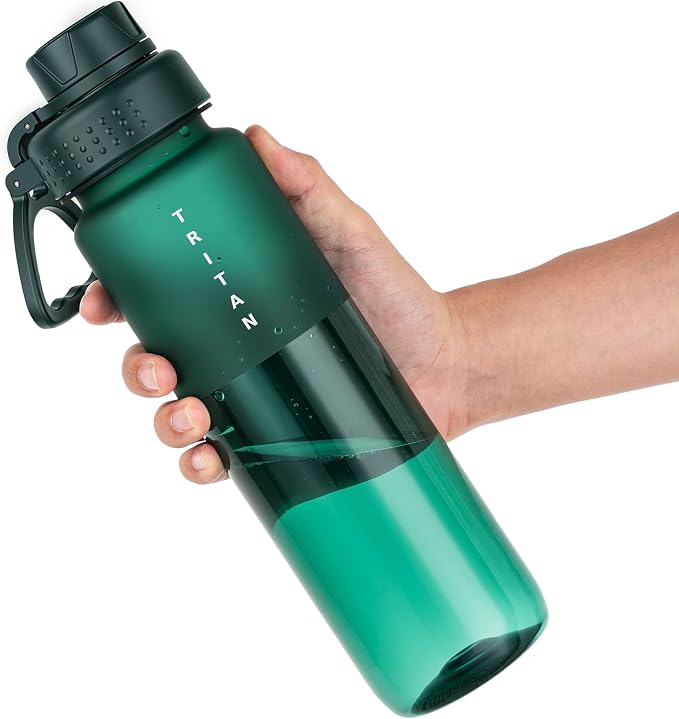 OLDLEY 32oz Water Bottle with Handle, BPA-Free Tritan Reusable Sports Water Bottle with Leak-Proof Dust Lid, Wide Mouth, Cup Holder Friendly, Half Frosted Clear Bottle for Gym,Travel, Work,Teal Green