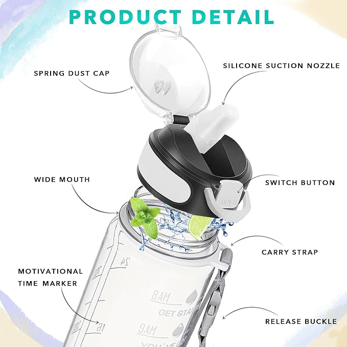 Enerbone 32 oz Water Bottle with Times to Drink and Straw, Motivational Drinking Water Bottles with Carrying Strap, Leakproof BPA & Toxic Free, Ensure You Drink Enough Water for Fitness Gym Outdoor