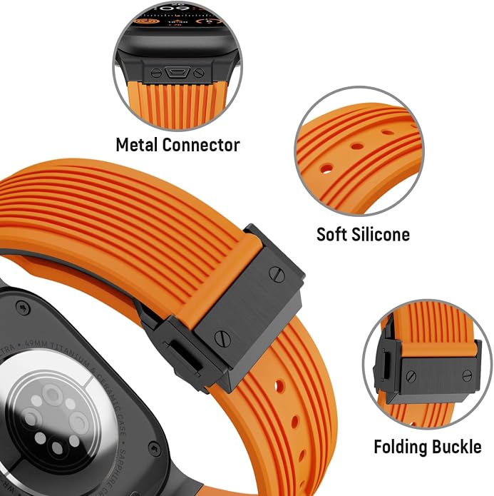 Luxury Watch Band for Apple Watch Ultra 2/Ultra 49-42mm | Metal Connector & Folding Clasp,316L Stainless Steel,Men Silicone Strap Compatible with iWatch Series 10 9 8 7 6 5 4 3 2 1 SE