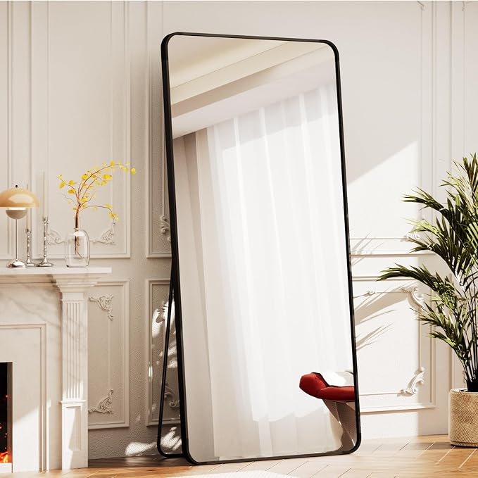 BEAUTYPEAK 71" x 32" Rounded Corner Full Length Mirror with Stand, Black | Aluminum Alloy Frame with Standing, Leaning, or Wall-Mounted, Ideal for Bedroom, Dressing Room, Entryway, and Living Room
