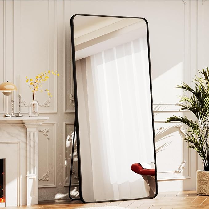BEAUTYPEAK 71" x 26" Rounded Corner Full Length Mirror with Stand, Black | Aluminum Alloy Frame with Standing, Leaning, or Wall-Mounted, Ideal for Bedroom, Dressing Room, Entryway, and Living Room