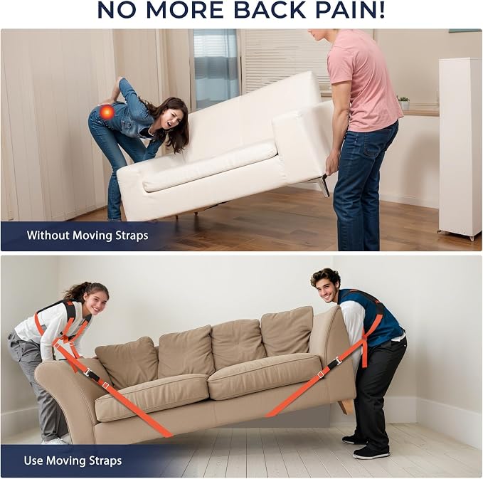 Ytonet Moving Straps, Lifting Straps for Move Furniture, 2-Person Shoulder Lifting and Moving System with Back Support for Appliances, Mattresses, Heavy Objects up to 800lbs, 120" Round Sling, Orange