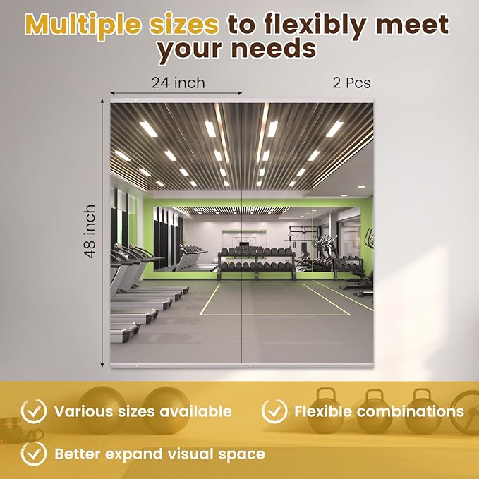 LOAAO Home Gym Mirror 48"x24", 2 PCS | Frameless, Tempered Glass, Large Workout Mirrors, For Home Gym, Dance Studio, Yoga Room, Garage Gym