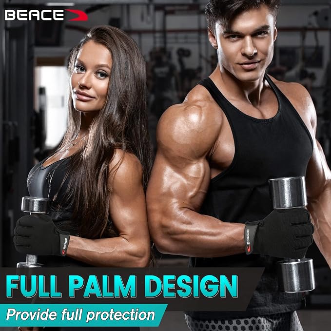 BEACE Full Finger Weight Lifting Gym Gloves with Anti-Slip Leather Palm for Workout Exercise Training Fitness and Bodybuilding for Men & Women