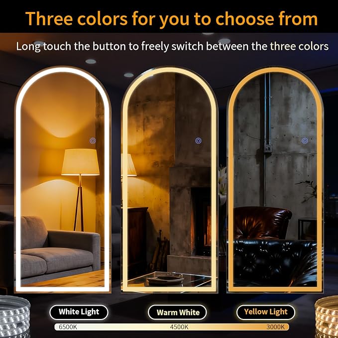 26 x 68 in Arched Led Mirror Full Length with 3 Color Lighting | ZENOMIRRIS Full Body Mirror with Adjustable Dimming Lights Brightness Memory Function for Night Make-up Bedroom Dressing Room