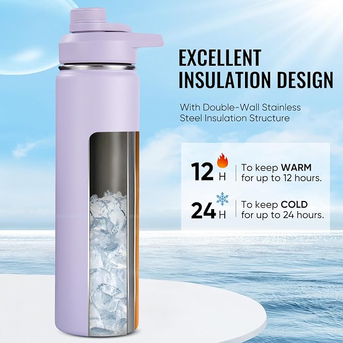 Fijinhom Insulated Water Bottle with Handle, 304 Stainless Steel Water Bottles with Wide Mouth, Double Wall Vacuum Sports Water Bottle, BPA Free, Keep Cold and Hot, 24 Ounces, Purple