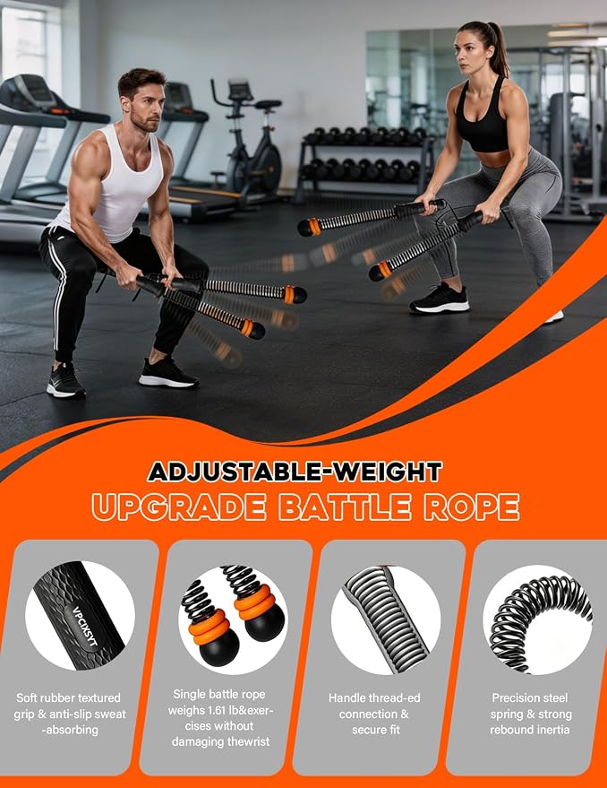 Cordless Battle Ropes 2 Pack Adjustable Weight Portable Ropeless Battle Ropes for Home Gym Full Body Workout with Non Slip Handle and Training Poster for HIIT Cardio Strength Training Men Women,Black