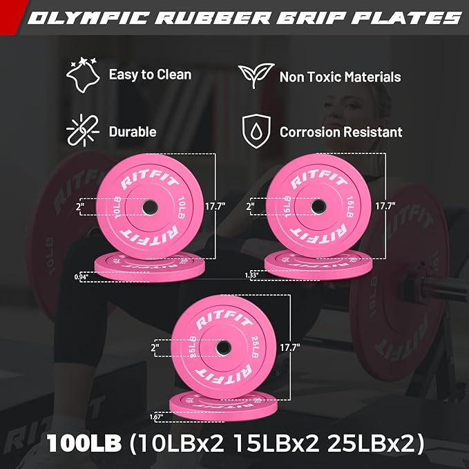 RitFit Barbell Weight Set - 4/6FT Olympic Barbell with Weight Plates (55-115LB Total) - Weightlifting Equipment for Squats, Curls, Deadlifts, Presses, Hip Thrusts