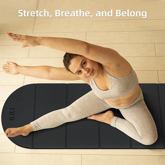 ILILI Foldable Yoga Mat-Semicircular, 10mm Thick, TPE Material, Extra Long 75"L x 26"W, Soft and Comfortable Folding Oval Mat 0.4 Inches, Easy to Carry and Store, 190*66cm Portable Multi-Functional Use for Yoga, Home Exercise & Outdoor
