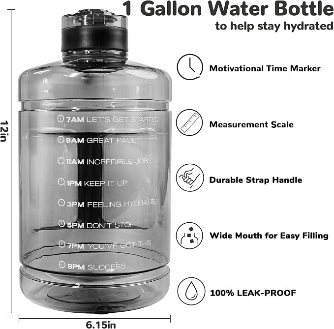1 Gallon Water Bottle, Water Jug with Motivational Time Marker & Handle | BPA Free,Gallon Water Jug, Half Gallon water Bottle for Sport Gym Camping Workout Outdoors Yoga (Clear Black)