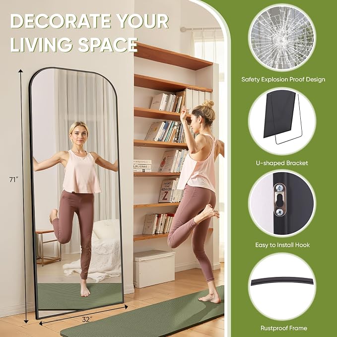 Full Length Mirror with Stand 71"x32" Floor Mirror Freestanding, Arched Floor Standing Large Mirrors Full Body Wall Hanging Leaning Home Decor for Bedroom & Living Room, Black