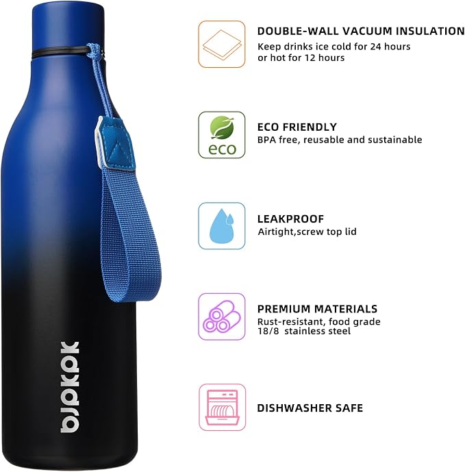 BJPKPK 25oz Insulated Water Bottle, Stainless Steel Bottle with Carry Strap | Keep Cold & Hot Vacuum Insulation, Leak-Proof BPA-Free Design, Slim Bottle Fits Most Cup Holders for Gym, Office & Travel
