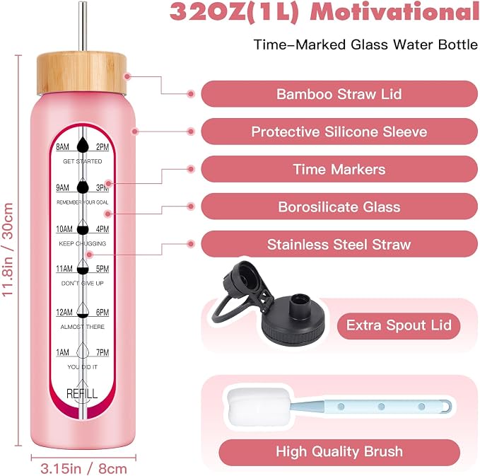 32oz Glass Water Bottle with Time Marker, 2 Lids-Handle Spout Lid & Bamboo Straw Lid, 1 Liter Motivational Borosilicate Water Bottle for Gym, Office, Travel (Pink)