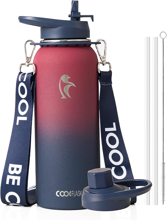 Coolflask 40 oz Water Bottle Insulated Stainless Steel with Strap | Metal Water Flask with Straw & Spout Lids, Triple-Wall, Cold 48+h, Dishwasher Safe, Leakproof, BPA-Free, for Gym & Hiking